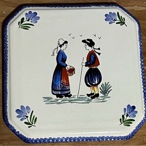 Hand painted French Faience Artisanale footed trivet. Vintage.